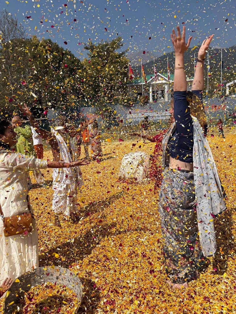 Holi festival flower petals filling the sky